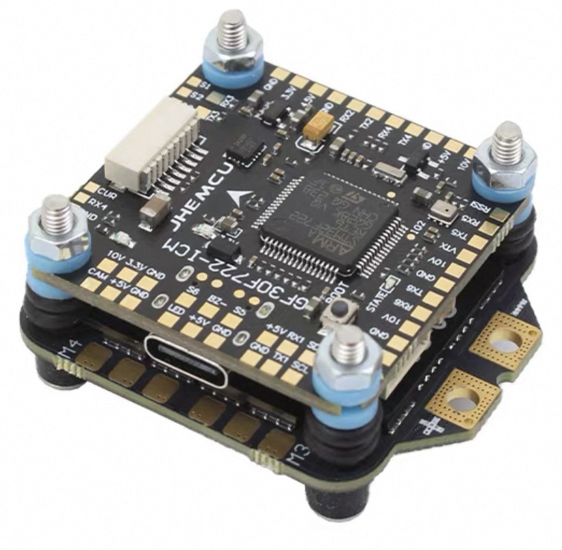 JHEMCU F722 flight controller with 55A 4-in-1 ESC stack